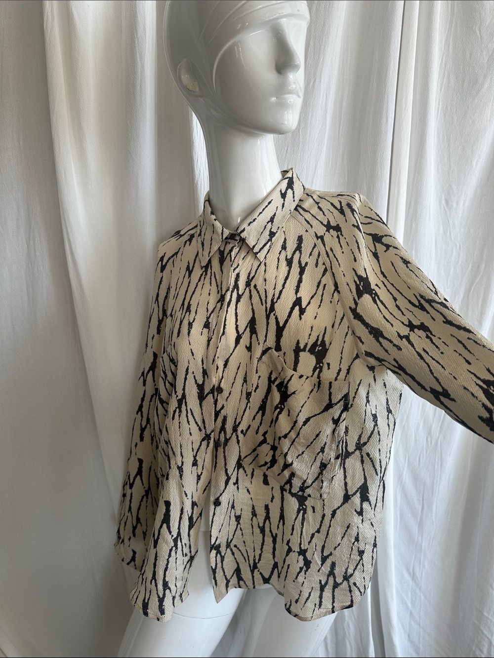 Pure silk Cream& black Button Up Business Office Work Blouse Secretary style